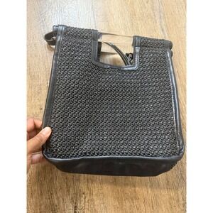 BEIS Black Woven Raffia Crossbody Bag Clear Acrylic Handle Tote Small